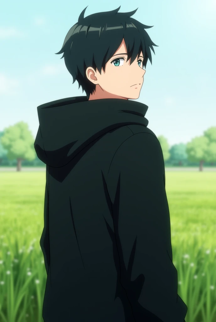 Anime figure of a man in his 20s, haircut, open black, sharp eyes, not much muscle, wearing a black medieval hoodie, all except for the head, with a slight incision on the cheek, and standing in a green field abroad.