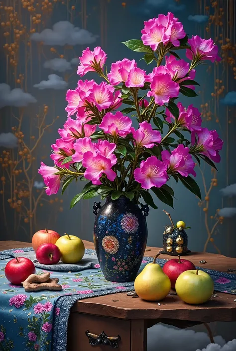masterpiece composition A wide bouquet of roses and mussels in Chinese jugs with a picture on a wooden table and on a table, an embroidered tablecloth and large apples and pears lie and the price falls firmly on their side and the soil is soft oil paint