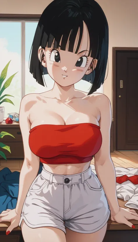 Pan from dragón ball GT,Big breasts, big hips, slim waist, pov,red sleeveless strapless crop top, white shorts,Bob cut, black hair ,in The room ,black eyes