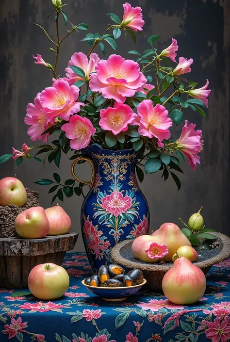 masterpiece composition A wide bouquet of roses and mussels in Chinese jugs with a picture on a wooden table and on a table, an embroidered tablecloth and large apples and pears lie and the price falls firmly on their side and the soil is soft oil paint