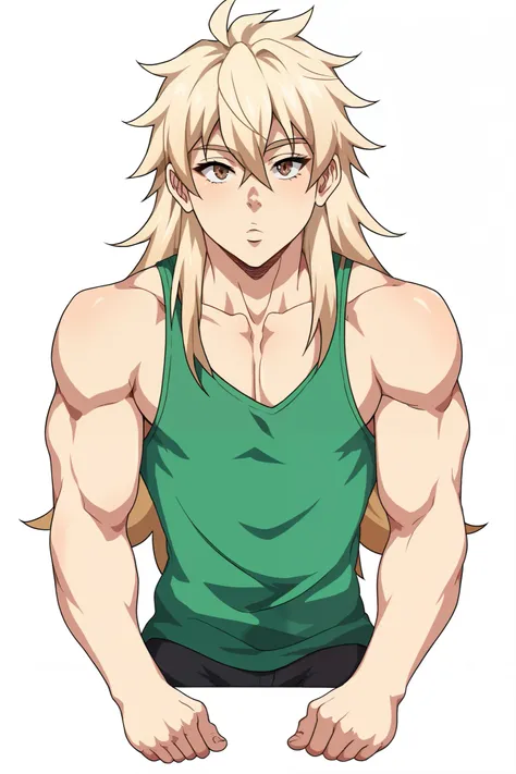 Androgynous and attractive male, with a kind and cute face along with spiky long light blonde wild hair, that goes as far as in his back, he has wild bangs covering partialy his face with it's lenght, his muscles are atlhetlic and he is covered by freckles...