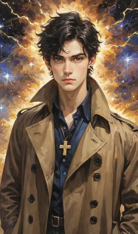  A painting in which the boy has a cross earring, mouth piercing in the left corner, medium black hair and is wearing a trench coat, You have a deep and penetrating look, Transmit Imposence,  shiny brown eyes cover, pele brown, brown, prime of age , And th...