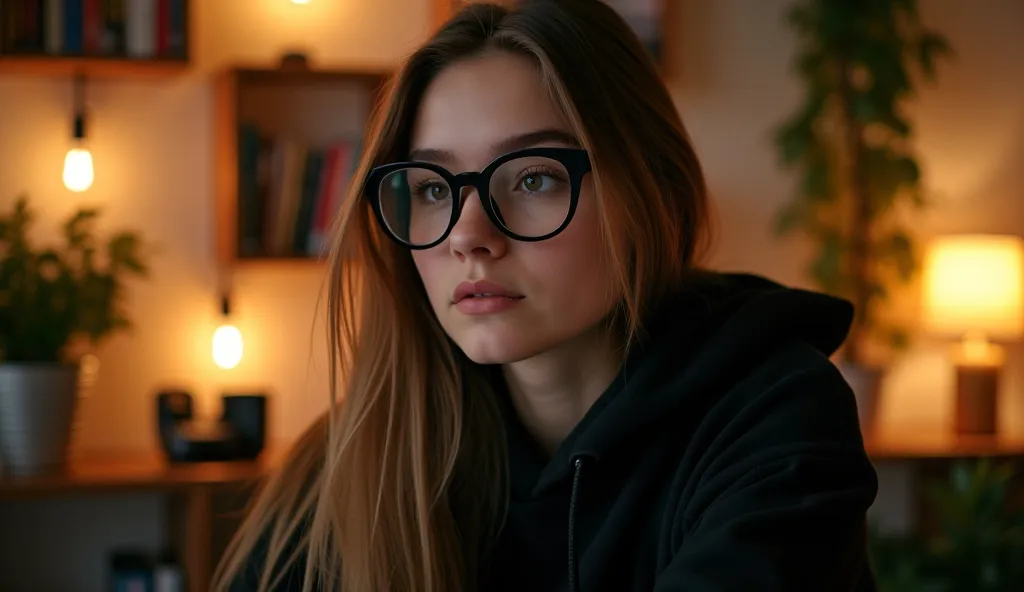 "A young woman with long, flowing hair, wearing round black glasses and a black hoodie, sitting in a cozy environment. The background features warm lighting with glowing bulbs, indoor plants, a desk, and a lamp emitting a soft yellow glow, creating a calm ...