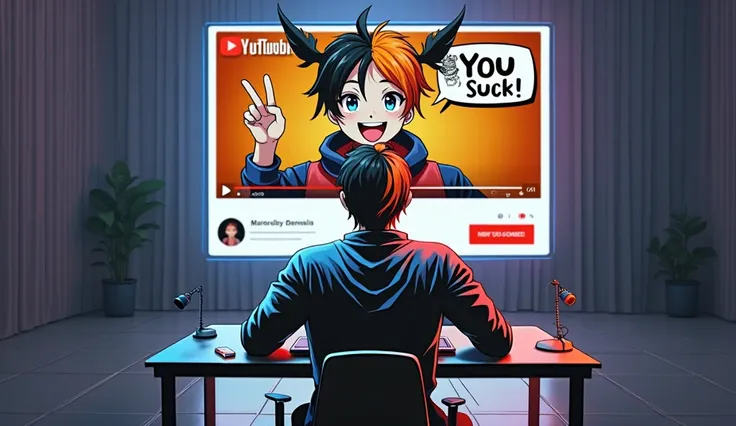 A person with short hair sits at a desk, facing a large screen displaying a sonadrawzstuffyt style A vibrant anime-style cartoon character with vibrant black and orange hair. The character, who is animatedly making a peace sign with a cheerful expression, ...