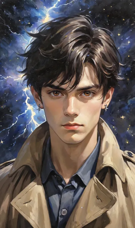  A painting in which the boy has a cross earring, mouth piercing in the left corner,  medium black hair and is wearing a trench coat, You have a deep and penetrating look, Transmit Imposence,  shiny brown eyes, pele brown, brown, prime of age , And the bac...