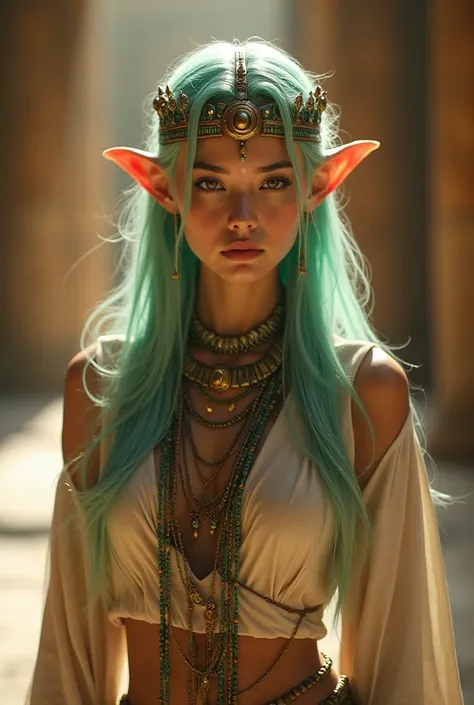 Upper body shot, Japanese woman, pointy elf ears, white skin, pastel green hair, closed mouth, ancient Egyptian noble attire, Egyptian jewelry, dynamic pose, complex fantasy character, NSFW, cinematic lighting, fantasy, magic, detailed background, in ancie...