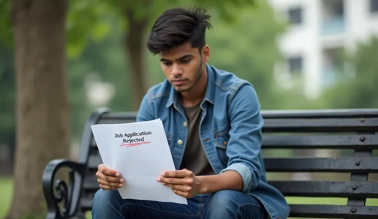 A young Nepali graduate sitting on a park bench, holding a “Job Application Rejected” letter in his hands. His slouched posture and vacant gaze express hopelessness. A shallow depth of field blurs the cityscape behind him, emphasizing his isolation.