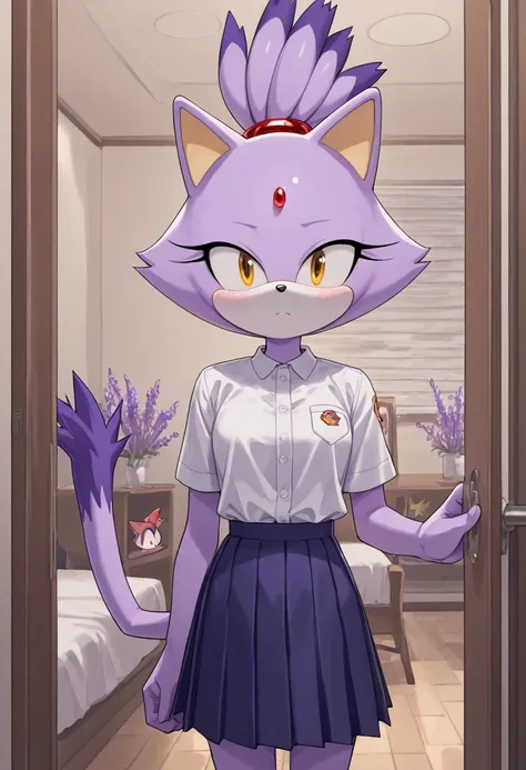 score_9, score_8_up, 1girl, blaze the cat, blue fur, anthro, black eyes, cat, cat ears, cat tail, white shirt, short sleeves, pleated skirt, badge, looking at viewer, detailed background, indoors, ,Blaze The Cat_\(sonic\), Golden Eyes, Lavender, violet, wh...