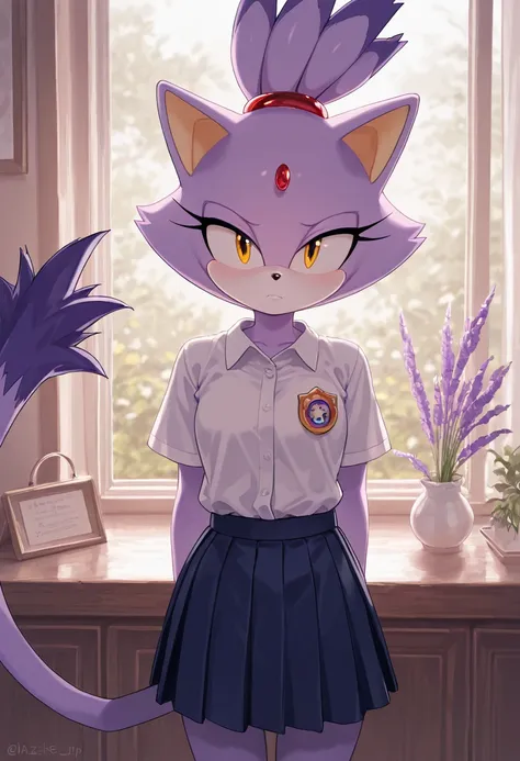 score_9, score_8_up, 1girl, blaze the cat, blue fur, anthro, black eyes, cat, cat ears, cat tail, white shirt, short sleeves, pleated skirt, badge, looking at viewer, detailed background, indoors, ,Blaze The Cat_\(sonic\), Golden Eyes, Lavender, violet, wh...