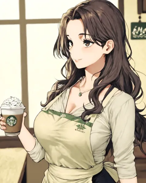 ( adult woman):  Japanese anime style、 Japanese Manga Style 、solo、( perfect face )、( detailed clothing)、 A Single Elegant Woman 、(The coffee shop hostess )、late thirties 、Alluring、The eye area is long and looks a little tight 、 Her Eyes Are Seriously Smili...