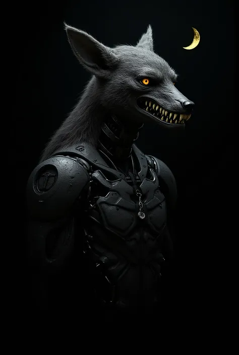 black half robot werewolf with cruss and moon with black backgrand