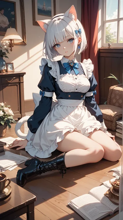  one girl　Maid　 cat　 bob cut　white hair, blue eyes　 dignified expression　 in the room　whole body　 Short Boots