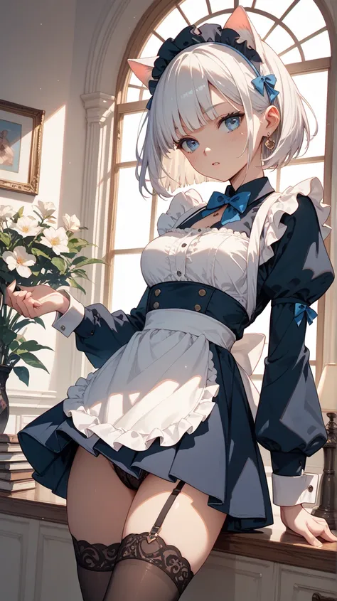  one girl　Maid　 cat　 bob cut　white hair, blue eyes　 dignified expression　 in the room　whole body　 Short Boots