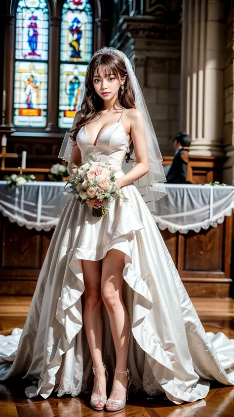 A beautiful young Japanese woman, 26 years old, with healthy thighs, beautiful legs, flawless skin, random hair color and style, large breasts, wearing a (wedding dress:1.3), (she is standing:1.2), full body shot, high heels, holding a bouquet in her hands...