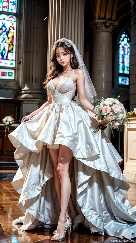 A beautiful young Japanese woman, 26 years old, with healthy thighs, beautiful legs, flawless skin, random hair color and style, large breasts, wearing a (wedding dress:1.3), (she is standing:1.2), full body shot, high heels, holding a bouquet in her hands...