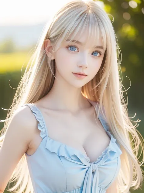  focus on face , Crazy for love,   , Frilled Summer Dress,  Scandinavian blonde super beautiful girl,  cleavage , Standing,  arms behind head ,   目の間のbangs、Super long straight platinum blonde hair、 low contrast ,  top quality,  ultra high resolution,  real...