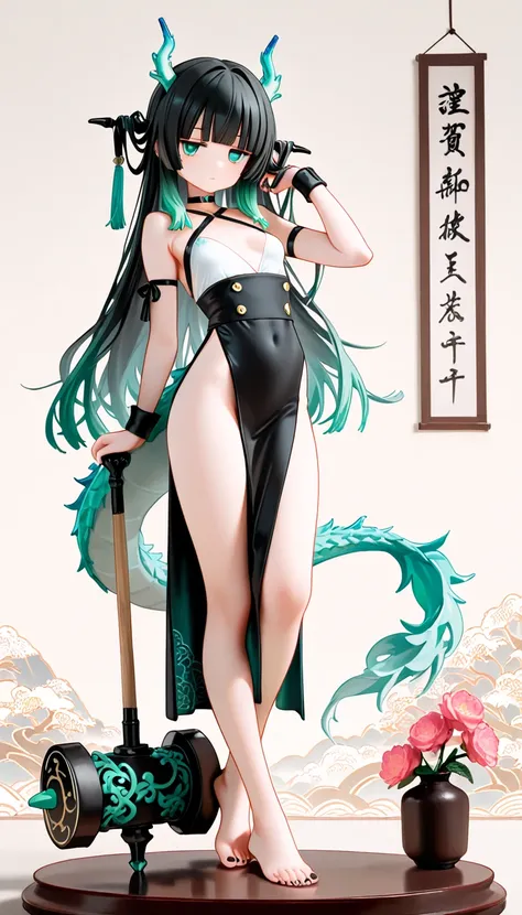 1girl, mint eyes, jitome, black Hair, mint Gradient Hair, blunt bangs, dragon horns, dragon tails, small Breast, maid, high waist, long Side slit skirt, Choker, bare legs, foot, toenails, black nails, masterpiece, best quality, Perfect details, perfect com...