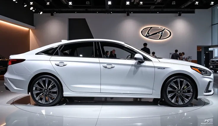 Generate a high-resolution, fully realistic image of a  2025 Hyundai Sonata Side view in White,with a sleek and modern exterior, futuristic wheels, and a shimmering body color, displayed in a luxurious showroom with a large logo on the back wall. The image...