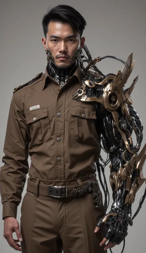 closed up photography, indonesian Handsome man, wear soft brown intergalactic government employees slim fit uniform (uniform with Lead mechanical cyber gear in arm) soft brown pants, transplant Futuristic Ear and Neck parts, clean oval face, proportional b...