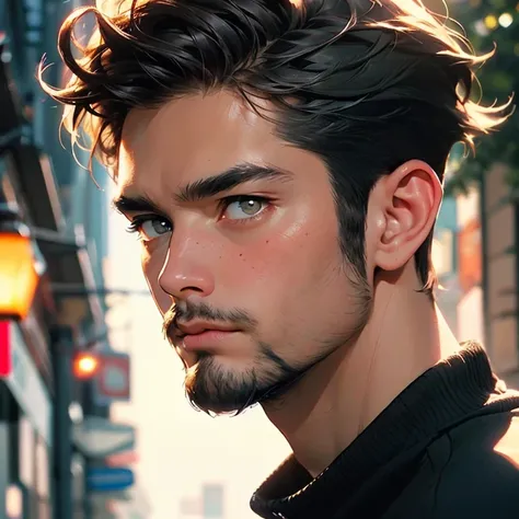  masterpiece,  top quality, ( dynamic lighting:1.2),  cinematic lighting,  Delicate facial features ,  eye for detail, sharp pupils,  Realistic Pupils , Depth of Field, Bokeh,  sharp focus , Middle-aged man，Short hair，((The chin has a very short beard))