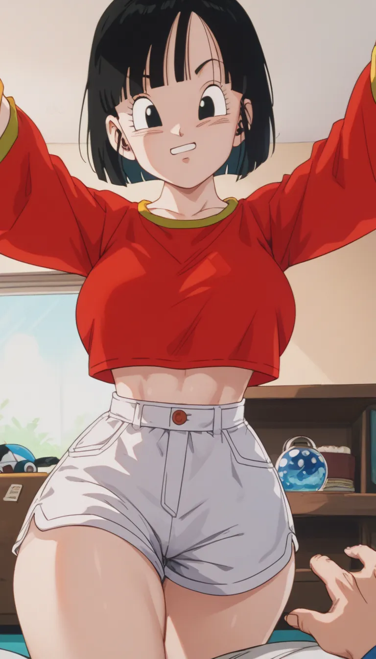 Pan from dragón ball GT,huge breasts, huge hips, slim waist, pov,Red shirt required, white shorts,Bob cut, black hair ,in The room ,black eyes