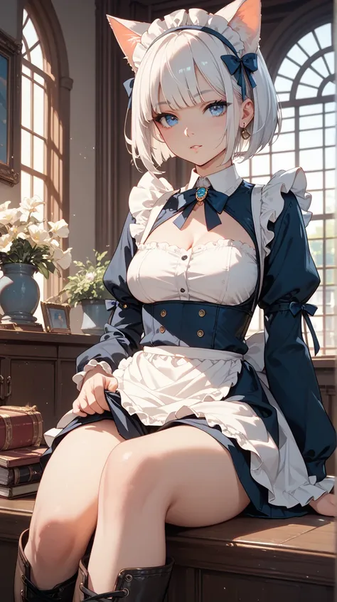  one girl　 classical maid　 cat　 bob cut　white hair, blue eyes　 dignified expression　 in the room　whole body　 Short Boots