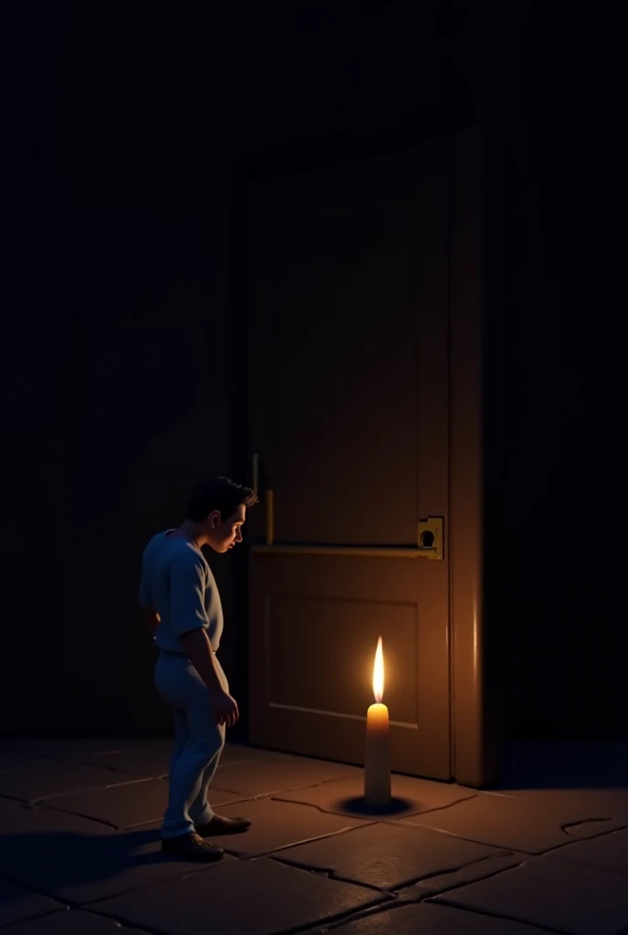 Ahmed cautiously steps inside. The moment he is fully inside, the heavy door slams shut on its own with a deafening sound. The room plunges into darkness except for a dim, flickering candle 3D animation Disney inspired 