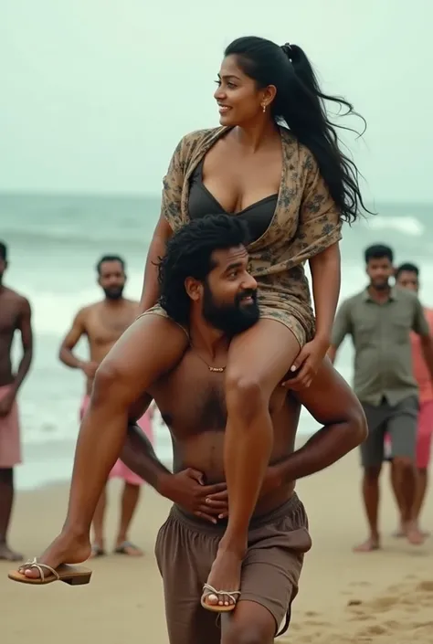 The beautiful Malayali actress sits on her servant's  shoulder, women age is 30, Wearing printed Kurtis , bra, ponytail Black Hair, full figure, Drunk, walking, reverse shoulder ride, wearing shoes , close up, dancing, realistic photos, real, holding her l...