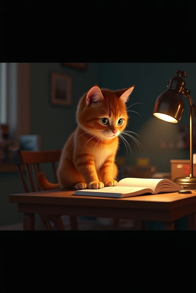 Orange cat studying in room table have light and night time