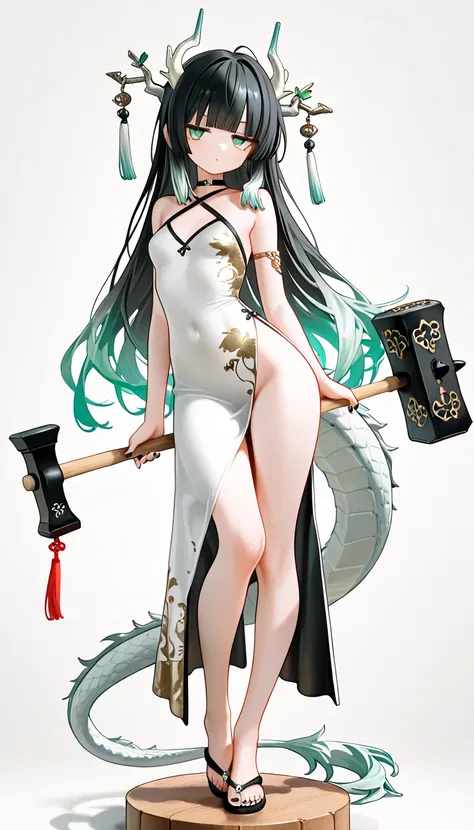 1girl, gold glow eyes, jitome(0.5), black Hair, mint Gradient Hair, blunt bangs, dragon horns, dragon tails, flat Breast, maidfuku, high-waist, Side slit skirt, Choker, bare legs, foot, toenails, black nails, masterpiece, best quality, Perfect details, per...