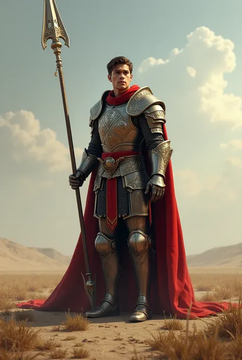 A young man wearing impressive knight armor while holding an impressive spear in his hand stands in front of a thick expanse of plain, waiting for the arrival of Thousands of monsters for a battle. 