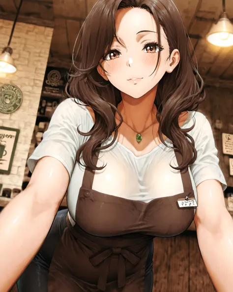 ( adult woman):  Japanese anime style、 Japanese Manga Style 、solo、( perfect face )、( detailed clothing)、 A Single Elegant Woman 、(The coffee shop hostess )、late thirties 、Alluring、The eye area is long and looks a little tight 、 Her Eyes Are Seriously Smili...