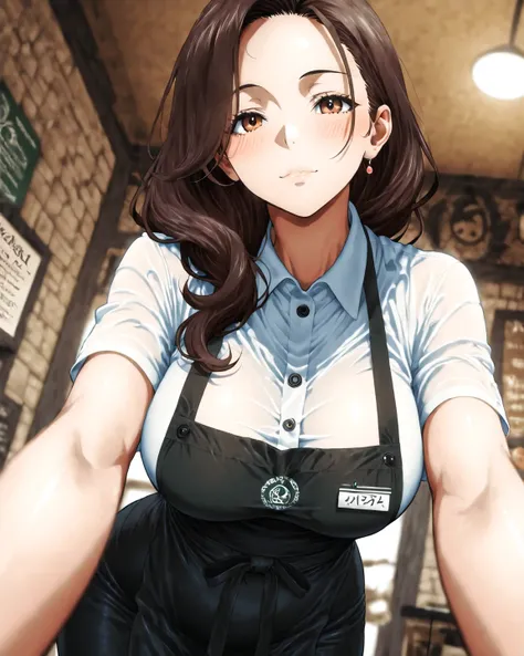 ( adult woman):  Japanese anime style、 Japanese Manga Style 、solo、( perfect face )、( detailed clothing)、 A Single Elegant Woman 、(The coffee shop hostess )、late thirties 、Alluring、The eye area is long and looks a little tight 、 Her Eyes Are Seriously Smili...