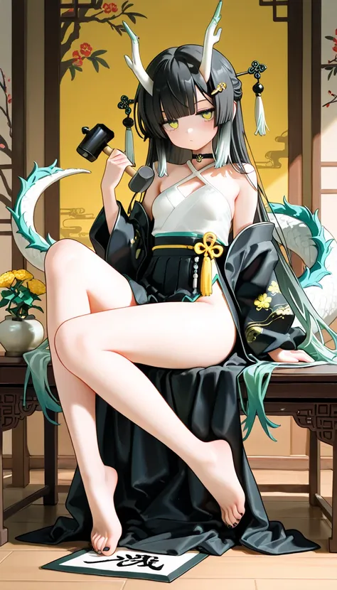 1girl, yellow glow eyes, jitome(0.5), black Hair, mint Gradient Hair, blunt bangs, dragon horns, dragon tails, flat Breast, maidfuku, high-waist, Side slit skirt, Choker, bare legs, foot, toenails, black nails, masterpiece, best quality, Perfect details, p...