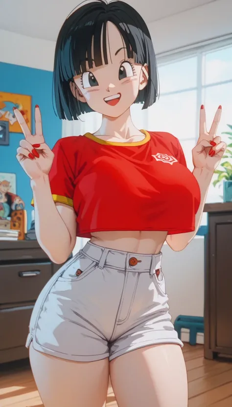 Pan from dragón ball GT,huge breasts, huge hips, slim waist, pov,Red crop top, white shorts,Bob cut, black hair ,in The room ,black eyes,Standing ,Red thong strings ,Peace sign with fingers , happy,standing