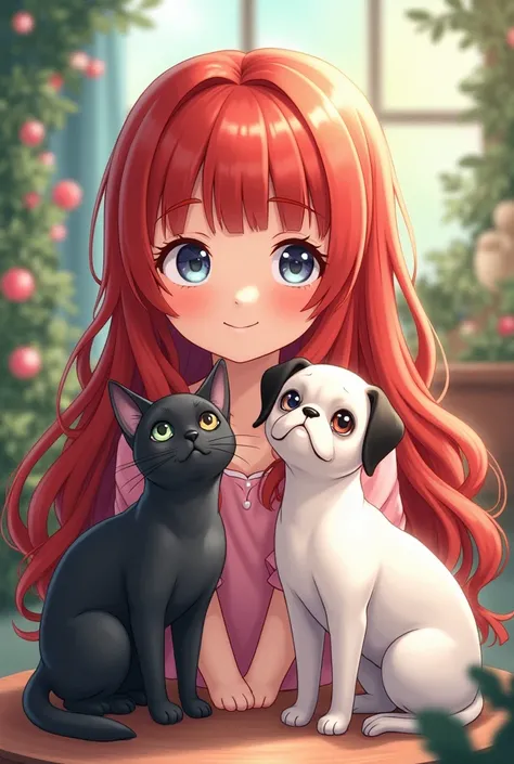 Red-haired anime style girl with bangs and long hair, with his dog Pug, your black Sphynx cat and a white cat that has a blue eye and a green eye