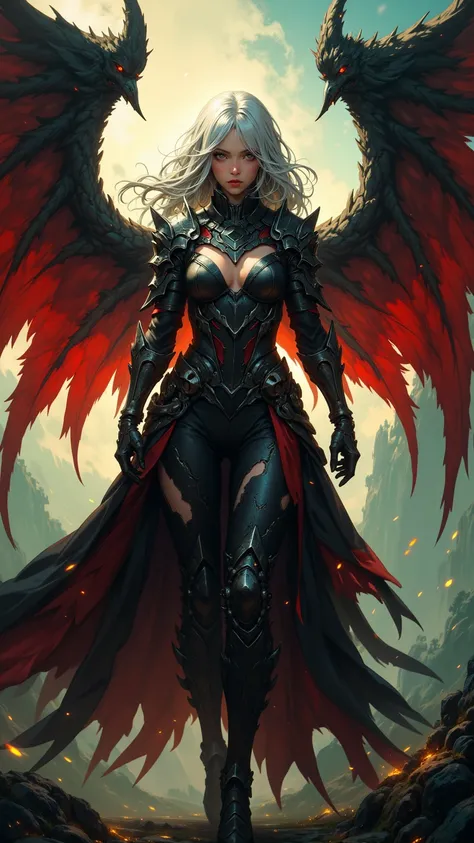 Magnificent depiction ， A silver-haired female demon hunter ， armor broken like glass ， black with wings with red edges ， The background transitions from warm red and yellow to calm blue and green。