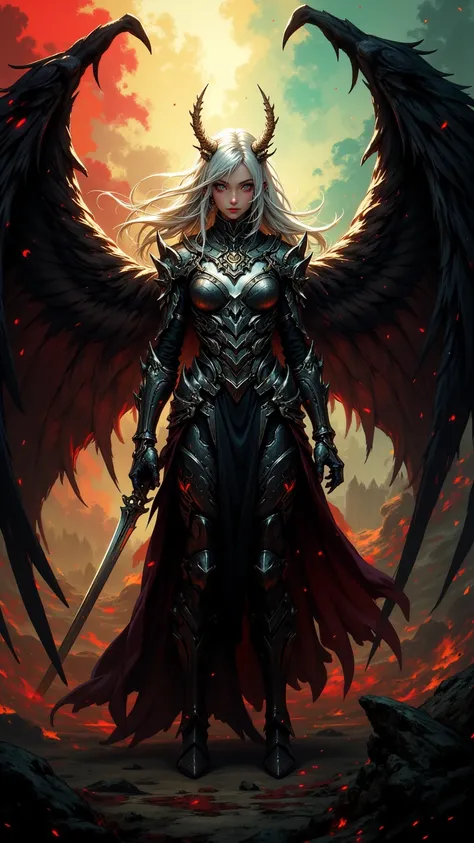 Magnificent depiction ， A silver-haired female demon hunter ， armor broken like glass ， black with wings with red edges ， The background transitions from warm red and yellow to calm blue and green。