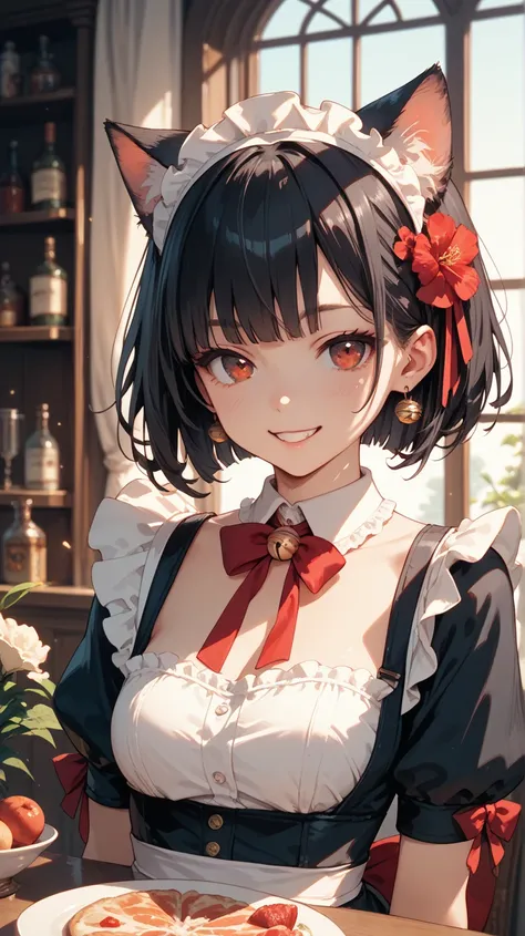  one girl　classical long maid　 cat　 bob cut　dark hair, red eyes 　 kind smile　whole body　indoor