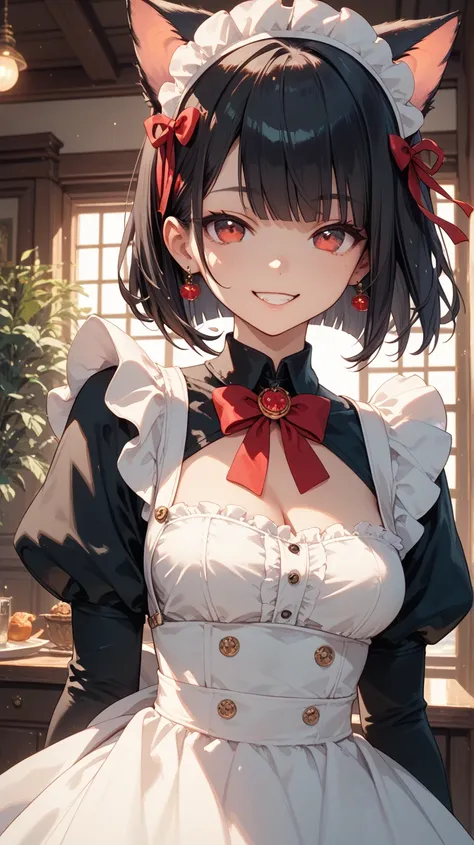  one girl　classical long maid　 cat　 bob cut　dark hair, red eyes 　 kind smile　whole body　indoor