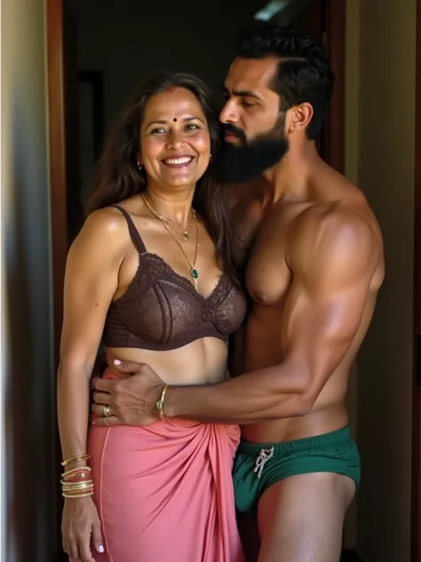  A 50 year old thick fair skinned hindu aunty .she is married and has a gold chaim.she has bindi on forehead. Big boobs and ass. She wears a pink colour nighty and dark brown bra and panty. A hot muscular 18 year old muslim man. The man is extremely muscul...