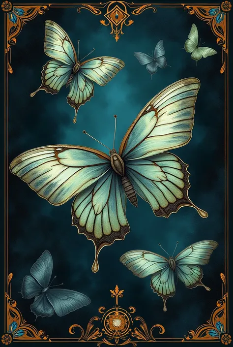 Make a tarot card design but without people and that is inspired by butterflies with dark colors