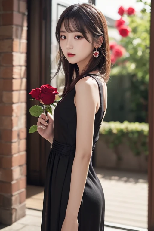 ( top quality , masterpiece), ( 1 girl, Alone,  black dress,  is standing ,  Watch Viewers , Gray Hair,  red eyes, With a rose,   closed mouth ,  upper body), ( and the red dream catcher is in the back, Red Flower, )