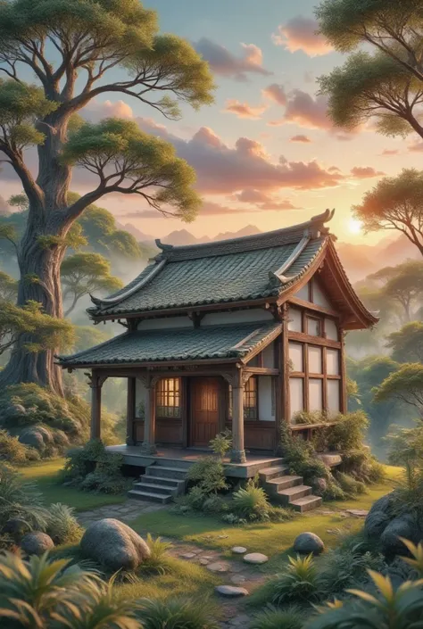   Quiet Japanese Country Cottage in the Forest at Sunset, Soft Pastel Animation  