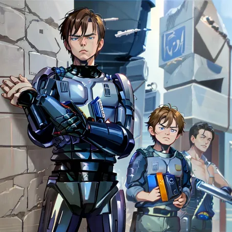  femboy、Robocop、 cute face、 beauty、 tight muscular body 、 boys、 short hair、18trip 、、full face cheeks 、、cornered by a wall、 he surrenders with his hands raised 、 looks irritated