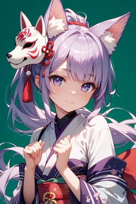  1 girl､ cute､ The ､Green background､Catsuit inside kimono､Animal ears､The hair color is a purple gradation､ hair style with a ponytail ､Eye color is purple､ popup､ put a fox mask on your head