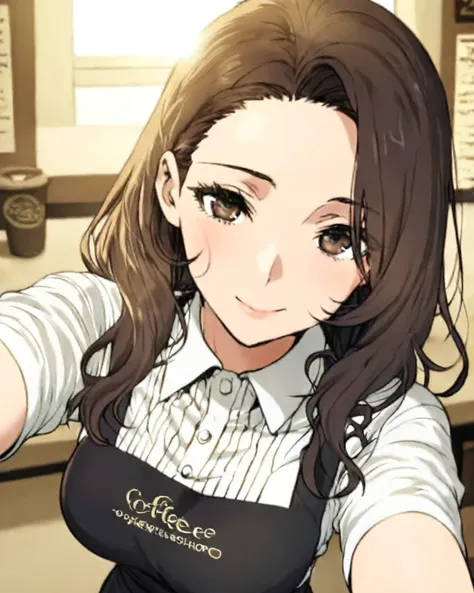 ( adult woman):  Japanese anime style、 Japanese Manga Style 、solo、( perfect face )、( detailed clothing)、 A Single Elegant Woman 、(The coffee shop hostess )、late thirties 、Alluring、The eye area is long and looks a little tight 、 Her Eyes Are Seriously Smili...