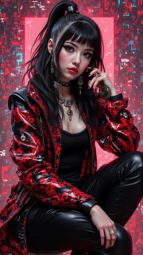  A stunning number painting ， shows off a stylish ，Leading young woman ， confidently sitting in front of a vibrant abstract doodle style background 。 Her bold eyes ， long high ponytail hairstyle ， and leather jacket with bold pattern in red Decorated Cyber...