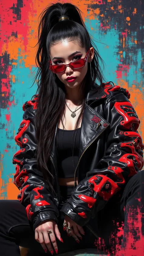  A stunning number painting ， shows off a stylish ，Leading young woman ， confidently sitting in front of a vibrant abstract doodle style background 。 Her bold eyes ， long high ponytail hairstyle ， and leather jacket with bold pattern in red Decorated Cyber...