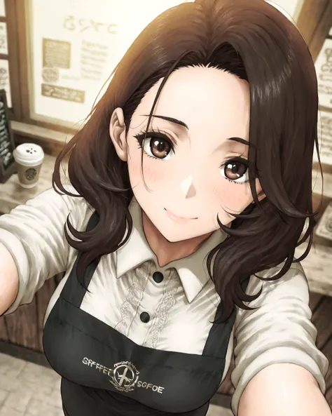 ( adult woman):  Japanese anime style、 Japanese Manga Style 、solo、( perfect face )、( detailed clothing)、 A Single Elegant Woman 、(The coffee shop hostess )、late thirties 、Alluring、The eye area is long and looks a little tight 、 Her Eyes Are Seriously Smili...